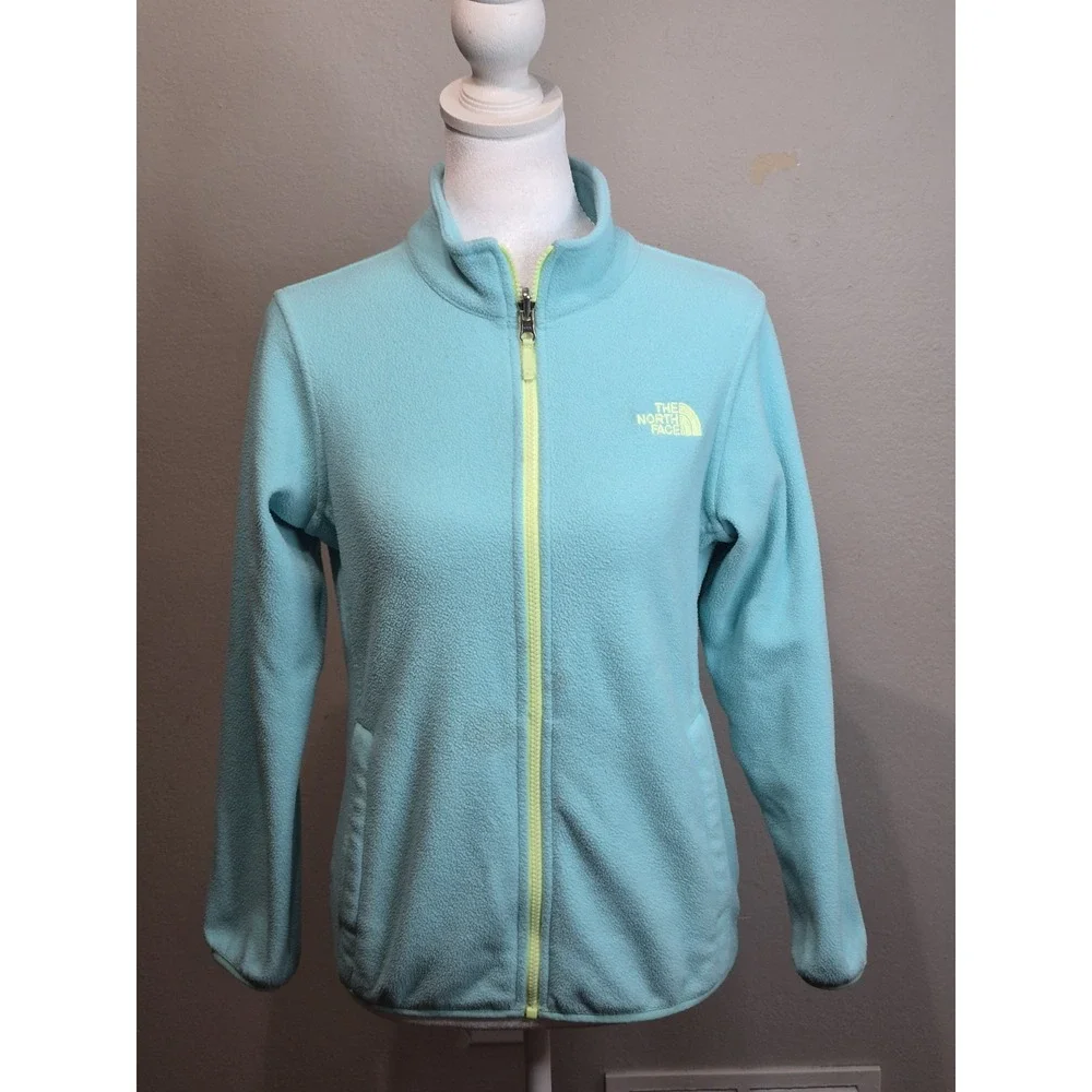 The North Face Denali Jacket Girls large 14/16 Aqua Green Pockets Fleece Youth